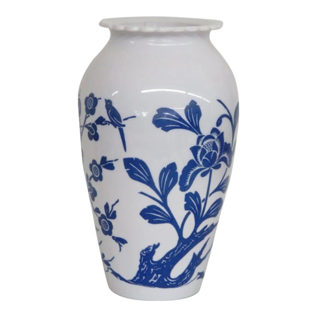 Anchor Hocking Blue Birds Cherry Blossoms Milk Glass Vase For Sale