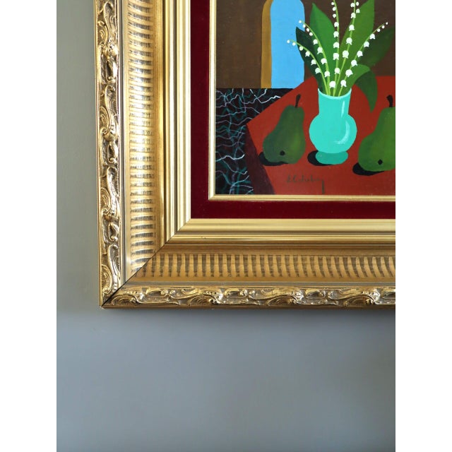 Green Mid-Century Modern 'Lily of the Valley With Pears' Vintage Original Still Life Oil Painting by Swedish Artist Eric Cederberg (1897-1984), Framed For Sale - Image 8 of 12