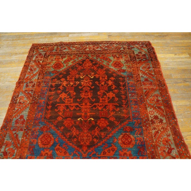 Tribal Beautiful Brown Background With Firey Reds and Sky Blue Antique Tribal and Rustic Turkish Kula Rug For Sale - Image 3 of 9