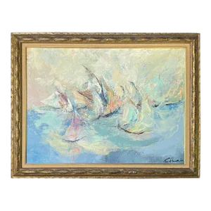 Large Signed Impasto Painting of Sailboats