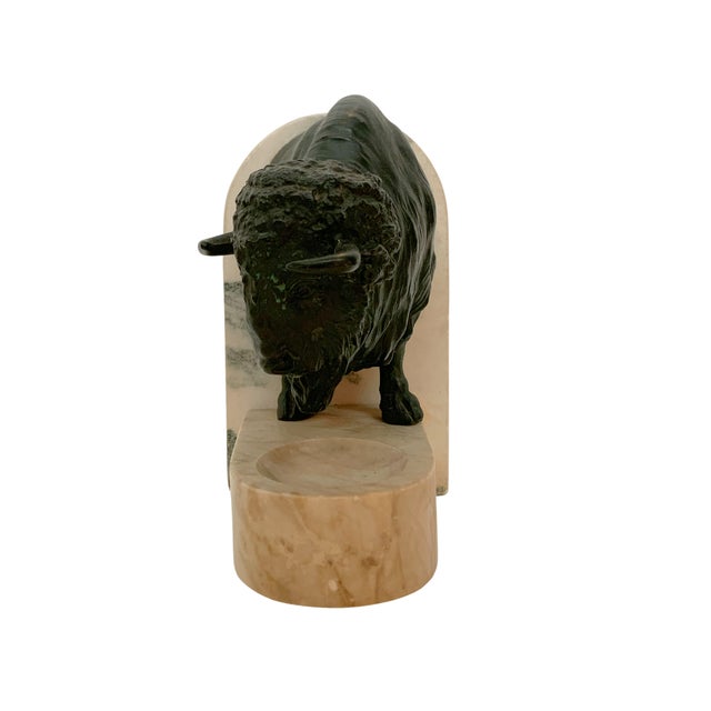 Figurative Vintage Cast Metal Bison Bookend With Marble Base, Bronze Finish For Sale - Image 3 of 8