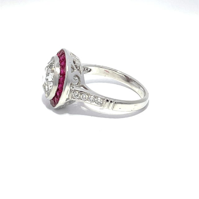 Red Vintage Platinum 3.17cts Old Euro Cut Diamond and 1.19cts Ruby Halo Ring, Size 6.5 For Sale - Image 8 of 11