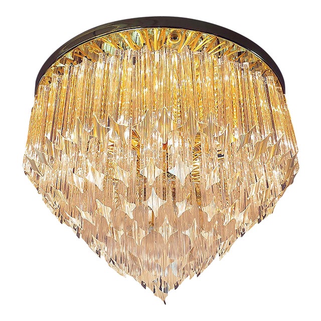 German Flush Mount Chandelier in Crystal Prism & Gilt-Brass from Palwa, 1960s For Sale