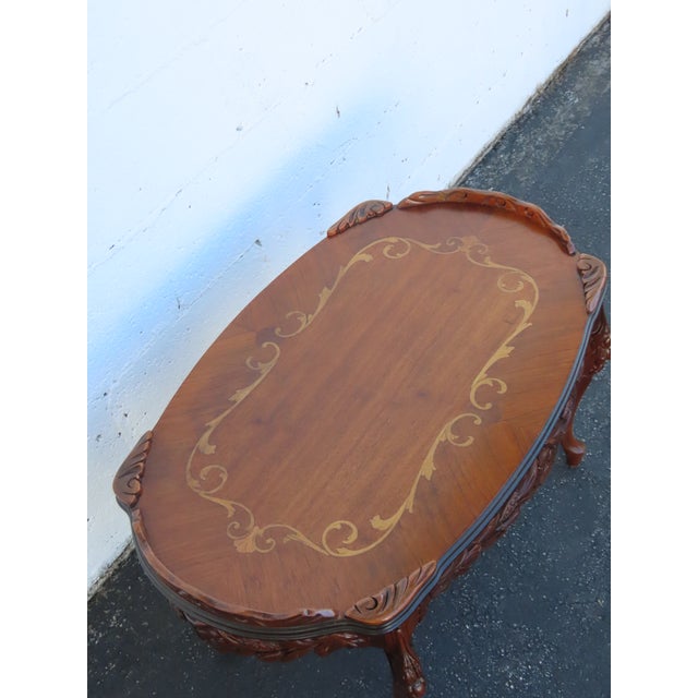 Early 20th Century French Hand Carved Inlay Coffee Table 6922 For Sale - Image 5 of 17