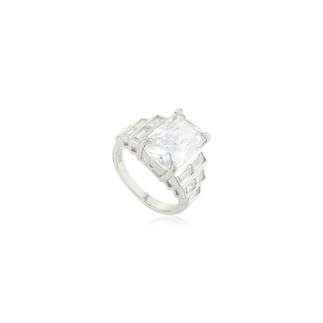 Modern Art Deco Emerald Cut Cz Cocktail Ring in 925 Sterling Silver - Statement Ring Size 7 For Sale - Image 3 of 12