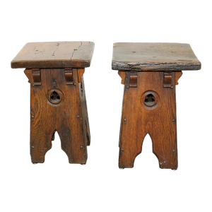 Mid 19th Century Pair of French Gothic Revival Stools in Oak
