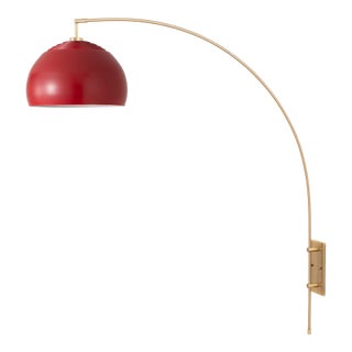1960s Mid Century Satin Nickel Wall Sconce - Crimson Red Shade, Dimmable, Living Room Wall Lamp For Sale