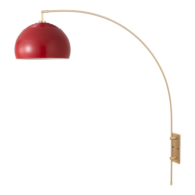 1960s Mid Century Satin Nickel Wall Sconce - Crimson Red Shade, Dimmable, Living Room Wall Lamp For Sale