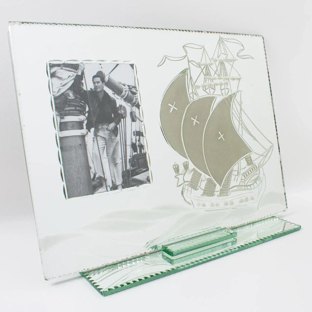 Mirror Picture Frame With Sailing Boat Etching, France 1940s For Sale - Image 4 of 13