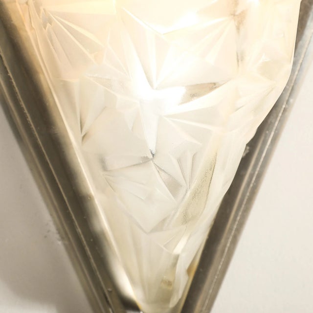 Pair of Art Deco Frosted Glass & Silvered Bronze Slip Shade Sconces Signed Degué For Sale - Image 10 of 14