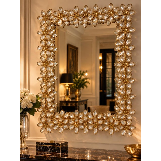 Mid-Century Modern A Vintage Gilt Brass and Crystal Flower With 6 Bulbs Mirror by Palwa. For Sale - Image 3 of 8