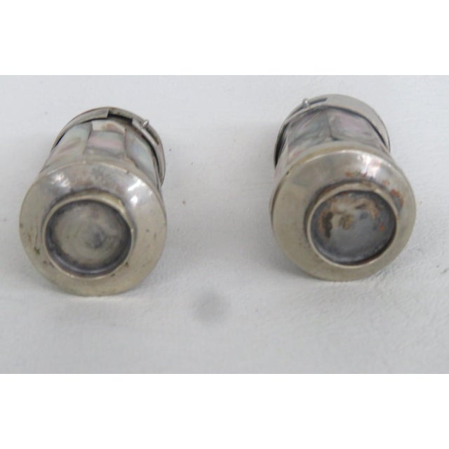 Mexican Mexican Salt and Pepper Shaker Pair 2pc Alpaca Silver Abalone Shell 5191b For Sale - Image 3 of 14
