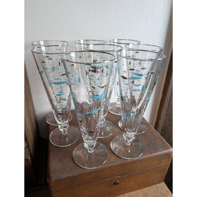 Vintage Mediterranean Atomic Fish Pilsner Glasses by Libbey ~ Set of 8 ~ Mid-Century Modern, Aqua Blue and Black With Platinum Trim For Sale - Image 15 of 15