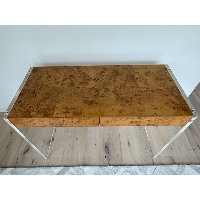 Minimalist Jonathan Adler "Bond" Desk in Burled Wood & Acrylic For Sale In San Francisco - Image 6 of 6