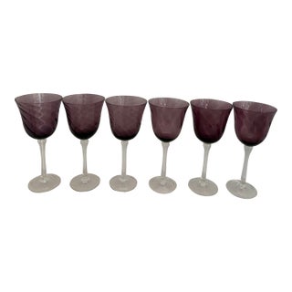 Mid 20th Vintage Mid Century Modern Amethyst Hand-Blown Wine Goblets With Spiral Optic Bowls - Set of 6 For Sale