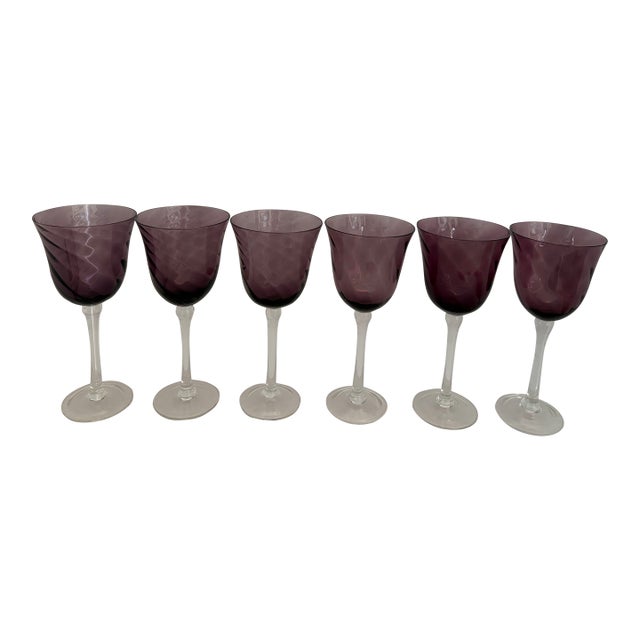 Mid 20th Vintage Mid Century Modern Amethyst Hand-Blown Wine Goblets With Spiral Optic Bowls - Set of 6 For Sale