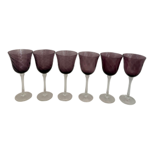 Mid 20th Vintage Mid Century Modern Amethyst Hand-Blown Wine Goblets With Spiral Optic Bowls - Set of 6