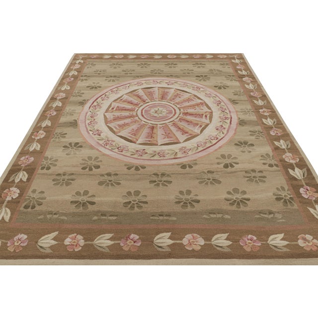 2010s Rug & Kilim’s Aubusson Style Rug in Beige-Brown and Pink With Floral Medallion For Sale - Image 5 of 8