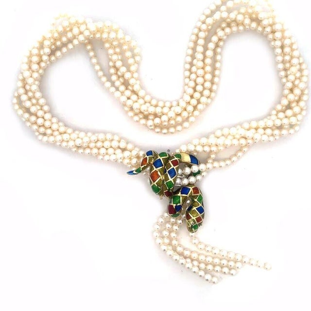 14k Enamel Diamond Snake Pendant 6 Strand Pearls Yellow Gold Necklace For Sale - Image 4 of 10