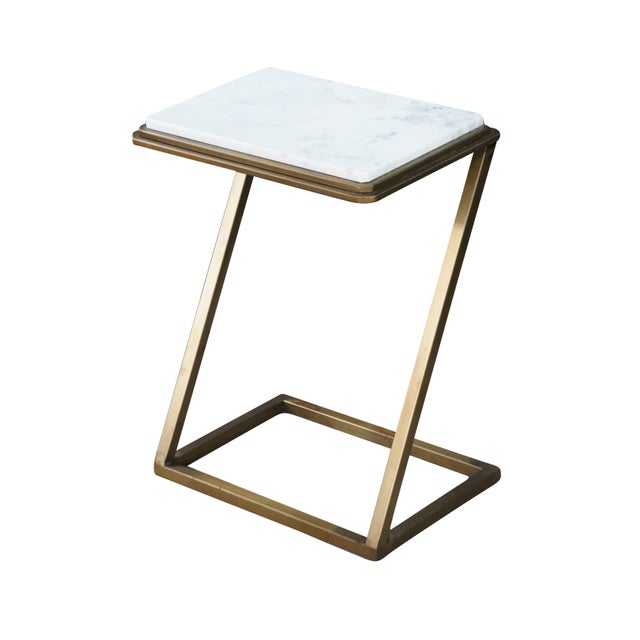Contemporary Late 20th Century Modern Chic Marble Top Brass Z Shaped Sofa End Side Table For Sale - Image 3 of 10