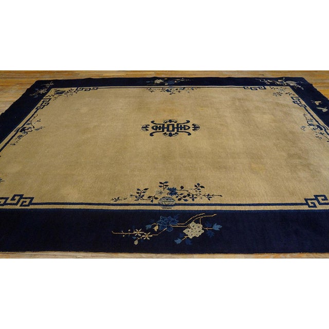 Beige 1920s Beige Floral Medallion Protective Symbol Art Deco Style Antique Chinese Peking Rug For Sale - Image 8 of 11