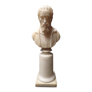 19th Century Italian Antique Carved Alabaster Grand Tour Portrait Bust of Michelangelo Buonarroti For Sale