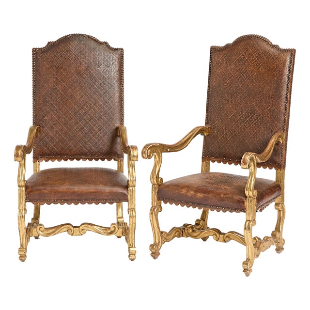 Pair of Louis XIV Armchairs in Tooled Leather and Gilt Wood, Late 18th C. For Sale