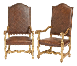 Pair of Louis XIV Armchairs in Tooled Leather and Gilt Wood, Late 18th C.