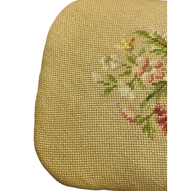 Yellow Vintage English Needlepoint Footstool With Carved Oak Base | Mid-Century Upholstered Stool For Sale - Image 8 of 18