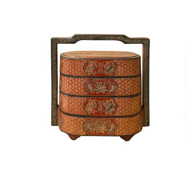 Chinese Brick Red Lacquer Color Treasure Graphic Stack Box Basket ...