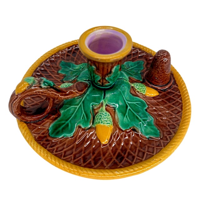 Ceramic A George Jones Majolica Candlestick Stand With Acorns and Oak Leaves, Ca. 1870 For Sale - Image 7 of 11