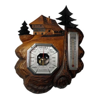 Vintage French Wall Weather Station Hand Carved Wood Barometer Thermometer Black Forest For Sale