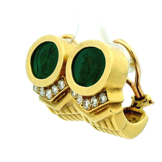 Metal 1980s GWK 18k Gold Chrysoprase Intaglio Diamond Earrings, Pair For Sale - Image 7 of 12