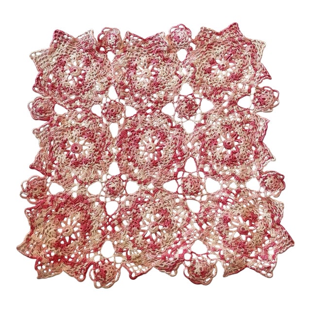 12" X 12" Vintage Crochet Doily Floral Pink White Farmhouse English Cottage Traditional For Sale