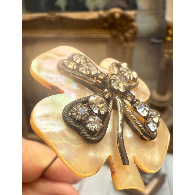 Antique Edwardian Mother-of-Pearl Clover Hatpins With Cut Glass & Original Acorn Caps — Pair, C. 1895-1915 For Sale - Image 12 of 12