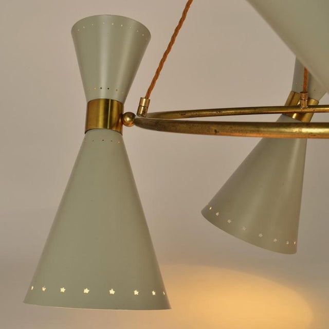 Large Hourglass Chandelier with Grey Metal Diabolo Shades on Brass Frame, 1950s For Sale - Image 13 of 18