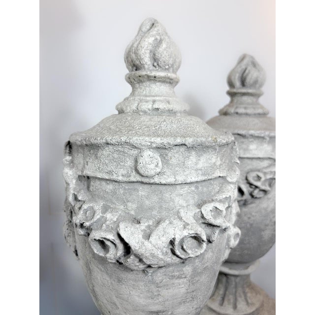 Neoclassical Cast Concrete Urns With Garland Detailing For Sale - Image 4 of 5