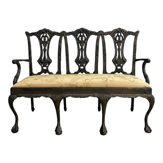 Vintage Ornate Cast Metal Miniature Doll Settee With Upholstered Seat For Sale
