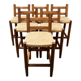 Country Wood + Raffia Counter Stools, Set of Six For Sale