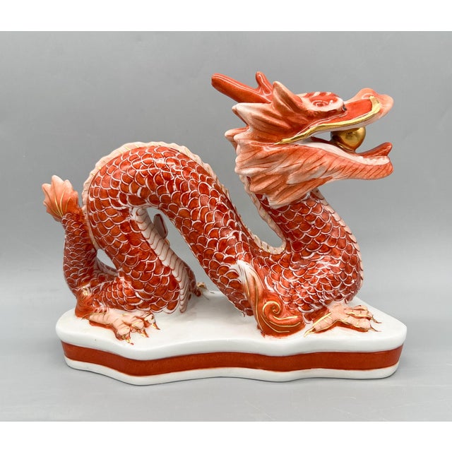 Late 20th Century Vintage Hand-Painted Chinese Porcelain Dragon Sculpture With Flaming Pearl – Gumps San Francisco Style – Chinoiserie / Hollywood Regency For Sale - Image 5 of 14