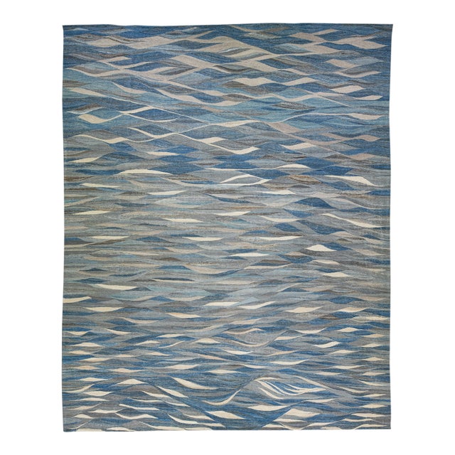 12 X 15 Blue Modern Flat-Weave Wool Rug With Abstract Design For Sale