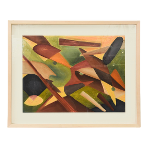 Vintage 1960's Cubist Style Abstract Acrylic Painting Custom Museum Framed Greens, Charcoal, Orange, Rust, Black Yellow