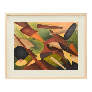 Vintage Cubist Style Abstract Acrylic Painting Custom Museum Framed 1960's Greens, Charcoal, Orange, Rust, Black Yellow For Sale