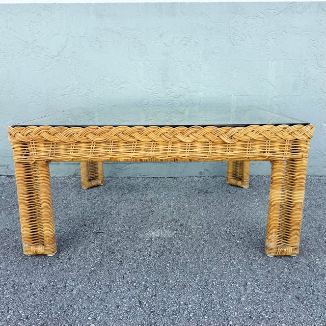 Boho Chic Boho Chic Woven Wicker Glass Top Square Coffee Table For Sale - Image 3 of 8
