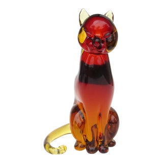 Seguso Murano Sommerso Large Red Orange Italian Art Glass Realistic Regal Kitty Cat Sculpture For Sale