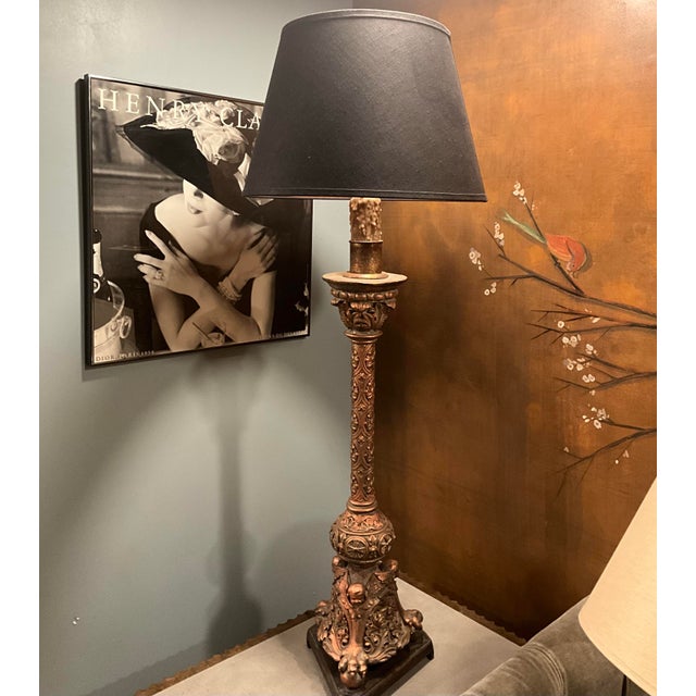 Wood A Spanish Moorish Baroque-Style Table Lamp Electrified With Linen Shade For Sale - Image 7 of 10