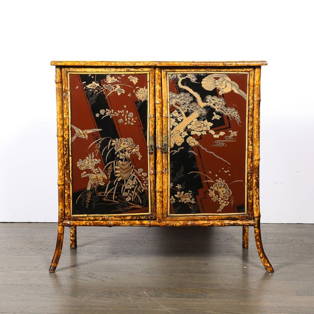 1920s Art Deco Bamboo & Cubist Red & Black Geometric Detailed Gilt Chinoiserie Cabinet For Sale - Image 5 of 18