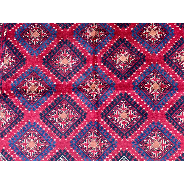 Hand-Knotted Crimson Red and Navy Blue Allover Geometric Wool Area Rug, 6'9" X 4'10" For Sale - Image 4 of 11