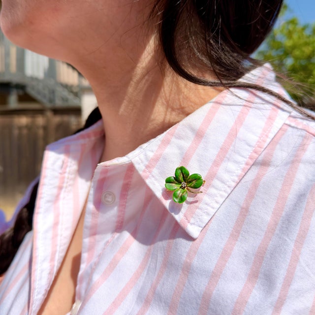 Antique Krementz & Co. 14k Four Leaf Clover, Old European Cut Diamond, Brooch For Sale - Image 13 of 13