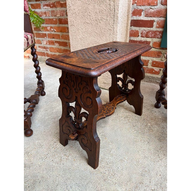 Antique French Bench Stool Gothic Renaissance Carved Oak Trestle Fleur de lis. Direct from France, a highly carved antique...